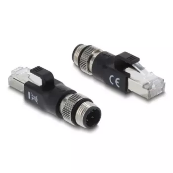 Adaptador M12 codificado D de 4 polos (macho) a conector RJ45, DELOCK 90831, contactos dorados, negro