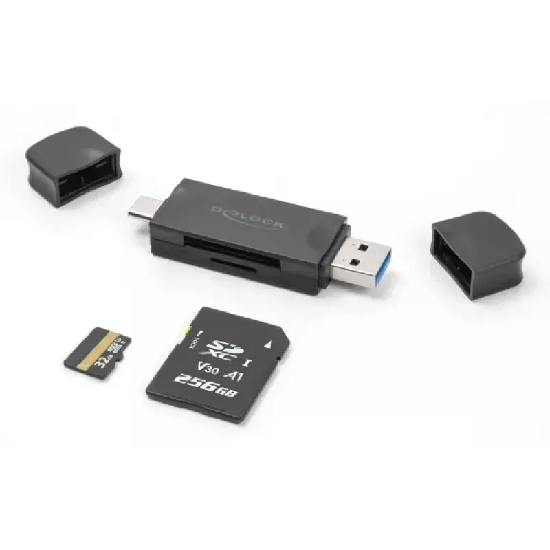 Lector de tarjetas DELOCK USB 5 Gbps USB Type-C / Type-A para SD y MicroSD, negro, 5000 Mbit/s, 21×77×10 mm
