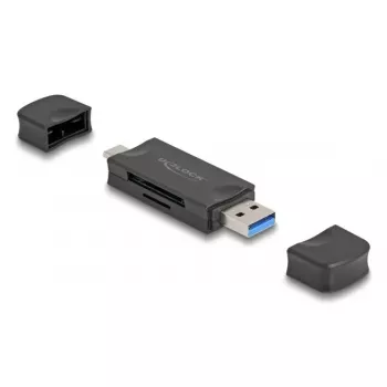 Lector de tarjetas DELOCK USB 5 Gbps USB Type-C / Type-A para SD y MicroSD, negro, 5000 Mbit/s, 21×77×10 mm