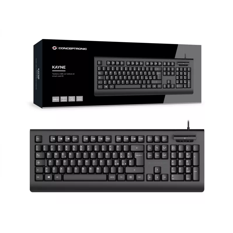 CONCEPTRONIC Teclado USB con lector de tarjetas Smart-ID KAYNE01IT — tamaño completo 105 teclas, distribución italiana, con cable, cable de 1,5 m, negro