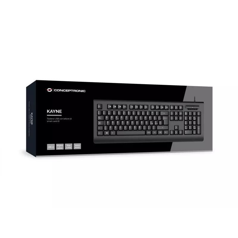 CONCEPTRONIC Teclado USB con lector de tarjetas Smart-ID KAYNE01IT — tamaño completo 105 teclas, distribución italiana, con cable, cable de 1,5 m, negro