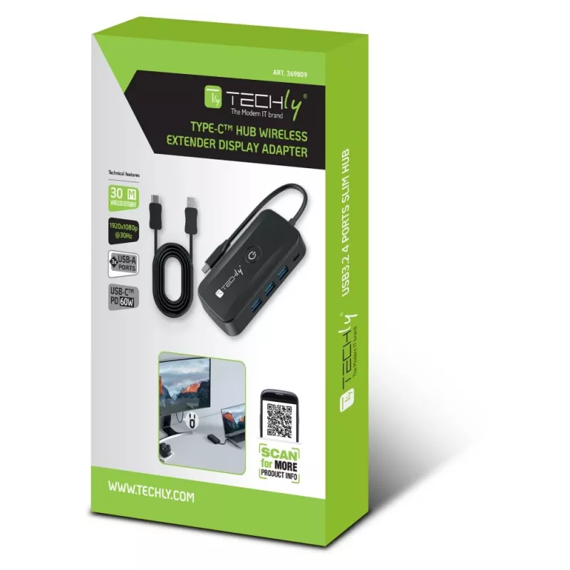 Techly IDATA USBC-HUB5WL Extensor AV transmisor y receptor AV negro