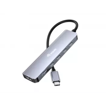 Adaptador multifunción EQUIP USB-C 6 en 1 — HDMI 4K/60Hz, 4× USB-C Gen2 (10Gbps), 100W PD, cable 0,25 m, gris