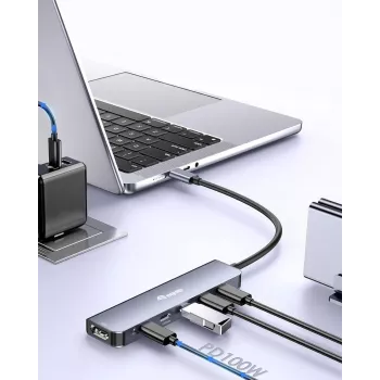 Adaptador multifunción EQUIP USB-C 6 en 1 — HDMI 4K/60Hz, 4× USB-C Gen2 (10Gbps), 100W PD, cable 0,25 m, gris