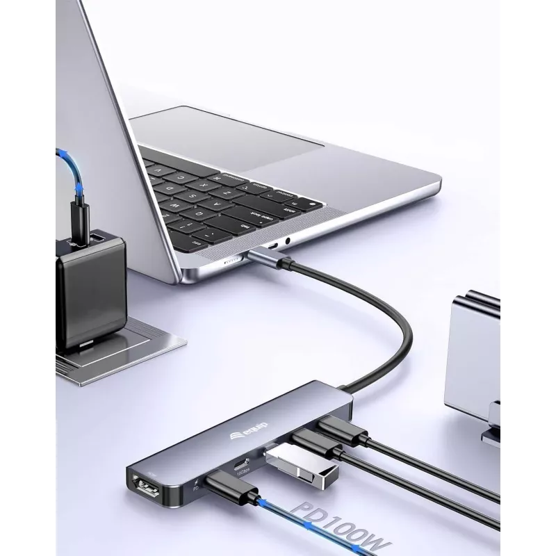 Adaptador multifunción EQUIP USB-C 6 en 1 — HDMI 4K/60Hz, 4× USB-C Gen2 (10Gbps), 100W PD, cable 0,25 m, gris