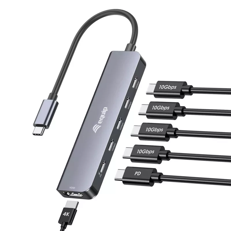 Adaptador multifunción EQUIP USB-C 6 en 1 — HDMI 4K/60Hz, 4× USB-C Gen2 (10Gbps), 100W PD, cable 0,25 m, gris