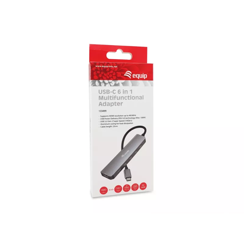 Adaptador multifunción EQUIP USB-C 6 en 1 — HDMI 4K/60Hz, 4× USB-C Gen2 (10Gbps), 100W PD, cable 0,25 m, gris