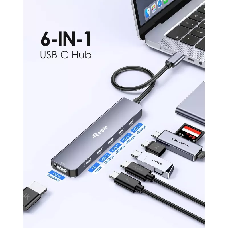 Adaptador multifunción EQUIP USB-C 6 en 1 — HDMI 4K/60Hz, 4× USB-C Gen2 (10Gbps), 100W PD, cable 0,25 m, gris