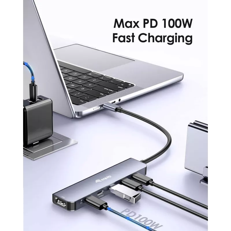 Adaptador multifunción EQUIP USB-C 6 en 1 — HDMI 4K/60Hz, 4× USB-C Gen2 (10Gbps), 100W PD, cable 0,25 m, gris