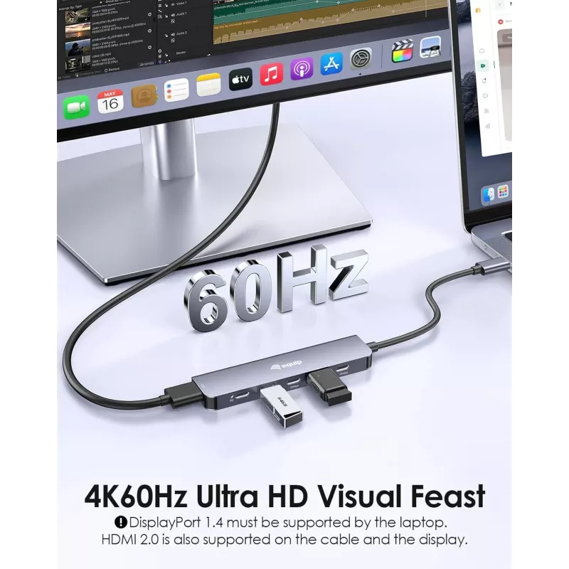 Adaptador multifunción EQUIP USB-C 6 en 1 — HDMI 4K/60Hz, 4× USB-C Gen2 (10Gbps), 100W PD, cable 0,25 m, gris