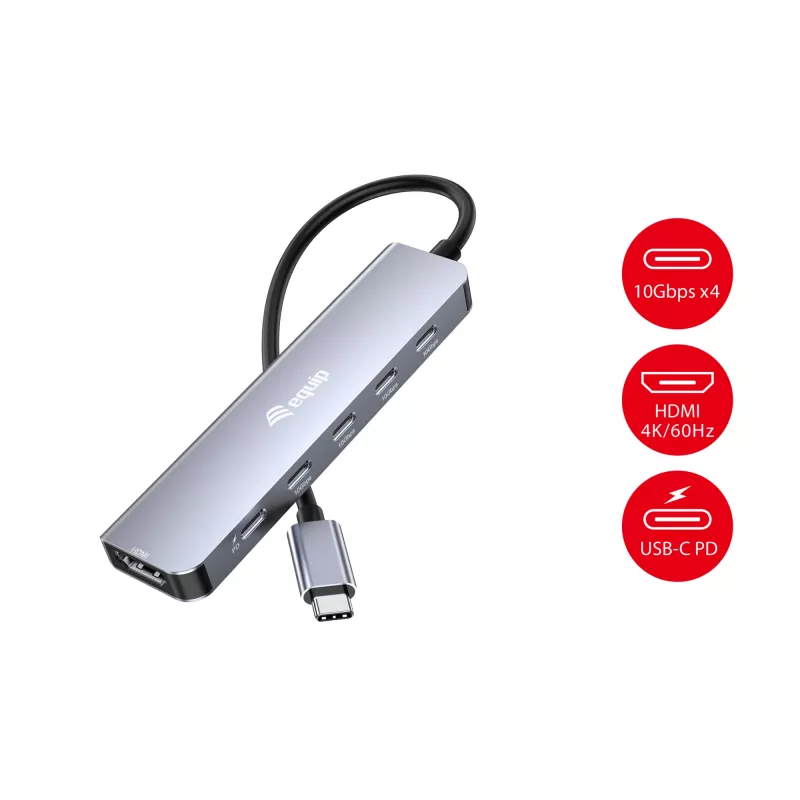 Adaptador multifunción EQUIP USB-C 6 en 1 — HDMI 4K/60Hz, 4× USB-C Gen2 (10Gbps), 100W PD, cable 0,25 m, gris