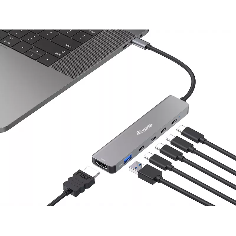 Adaptador multifunción Equip USB-C 6 en 1, HDMI 4K/30Hz, USB-C x4, USB-A x1, 5Gbps, 100W USB PD