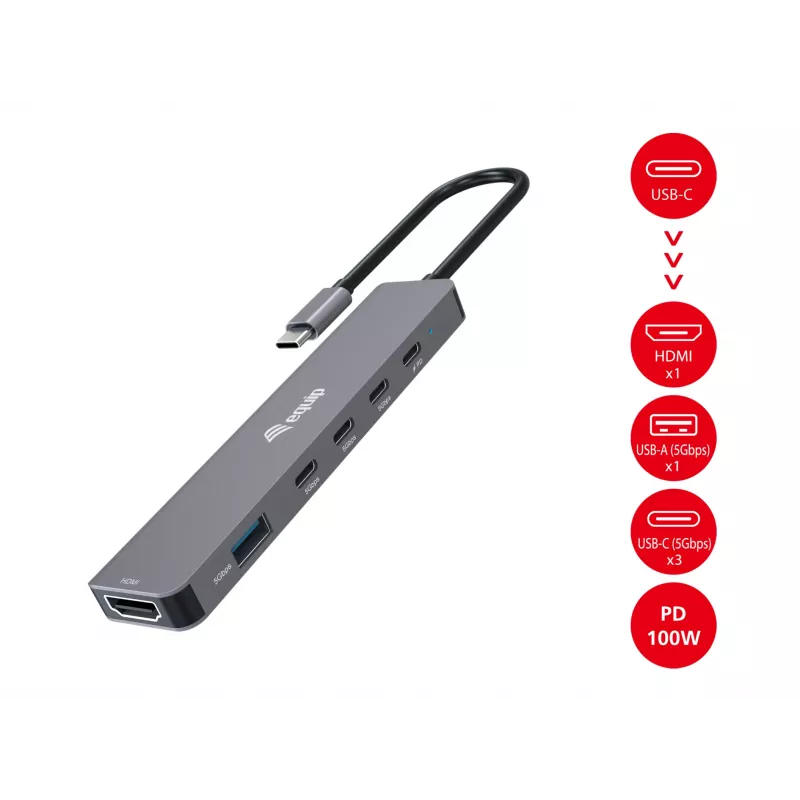 Adaptador multifunción Equip USB-C 6 en 1, HDMI 4K/30Hz, USB-C x4, USB-A x1, 5Gbps, 100W USB PD