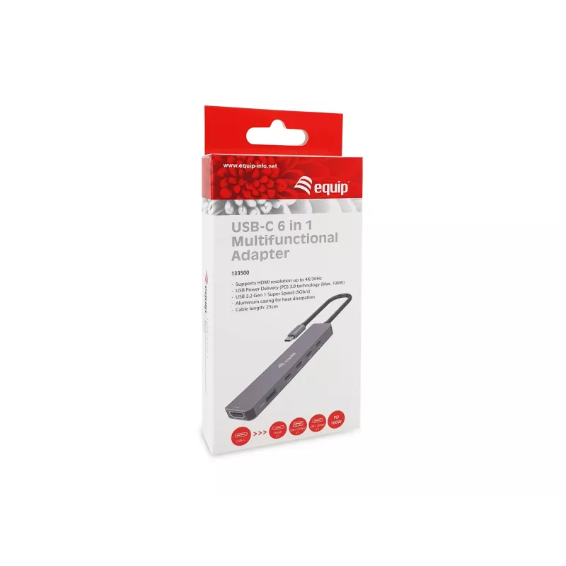 Adaptador multifunción Equip USB-C 6 en 1, HDMI 4K/30Hz, USB-C x4, USB-A x1, 5Gbps, 100W USB PD