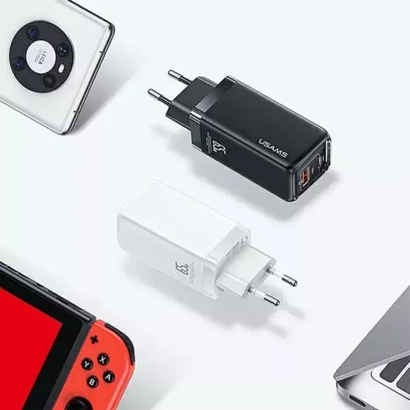 Cargador usams T47 USB / USB‑C 65W PD cargador rápido — 65W USB Power Delivery, conectores USB-A + USB-C