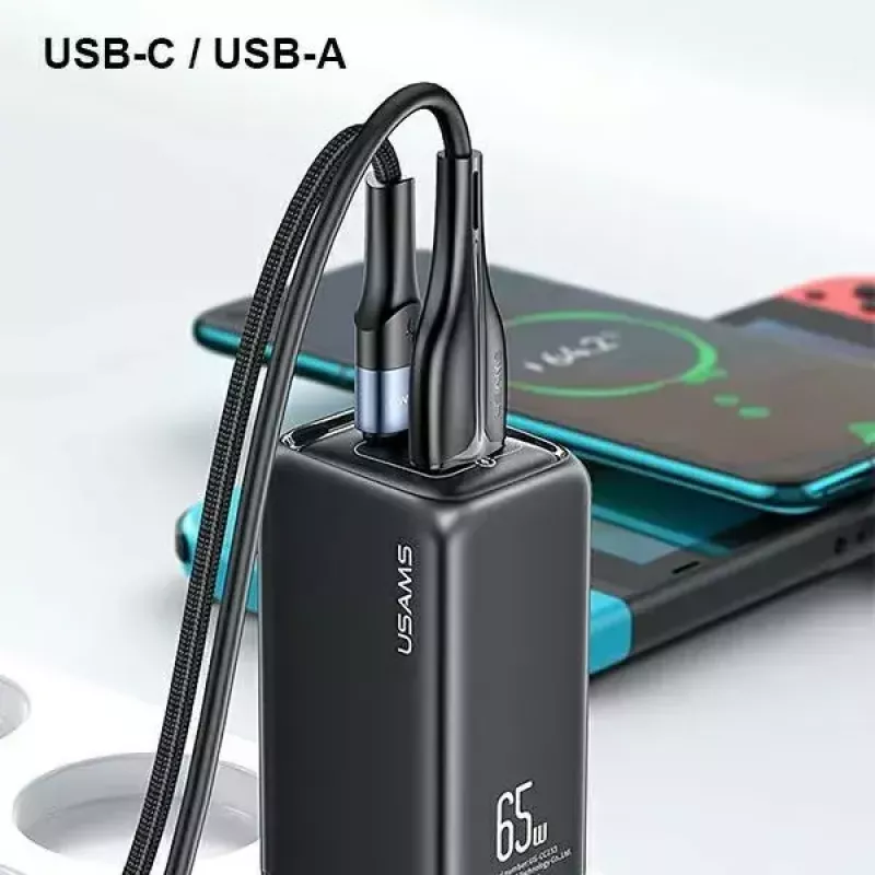 Cargador usams T47 USB / USB‑C 65W PD cargador rápido — 65W USB Power Delivery, conectores USB-A + USB-C