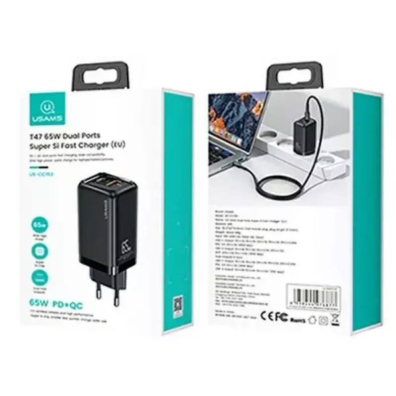 Cargador usams T47 USB / USB‑C 65W PD cargador rápido — 65W USB Power Delivery, conectores USB-A + USB-C