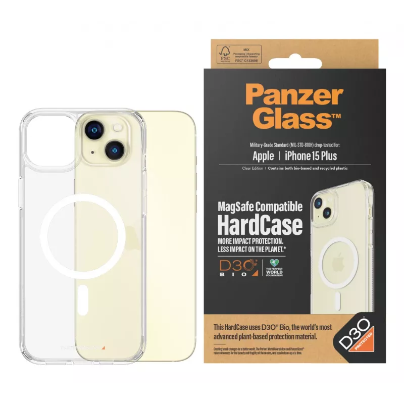 Funda protectora rígida MagSafe PanzerGlass para iPhone 15 Plus — plástico reciclado transparente, compatible con pantalla de 6,69