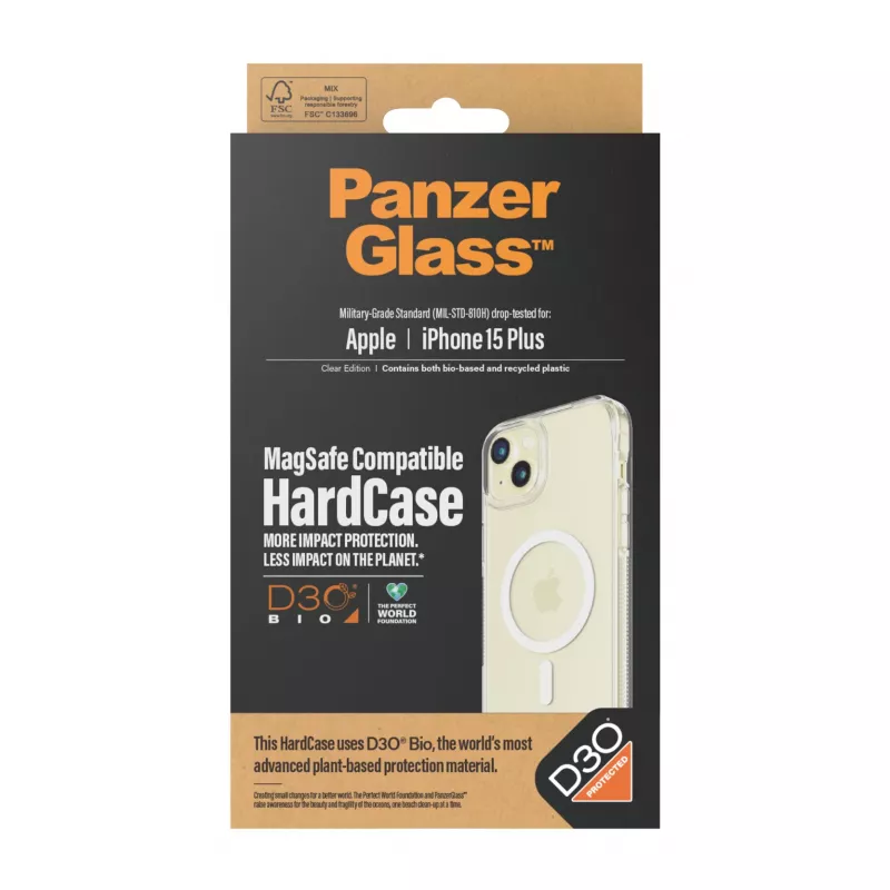 Funda protectora rígida MagSafe PanzerGlass para iPhone 15 Plus — plástico reciclado transparente, compatible con pantalla de 6,69