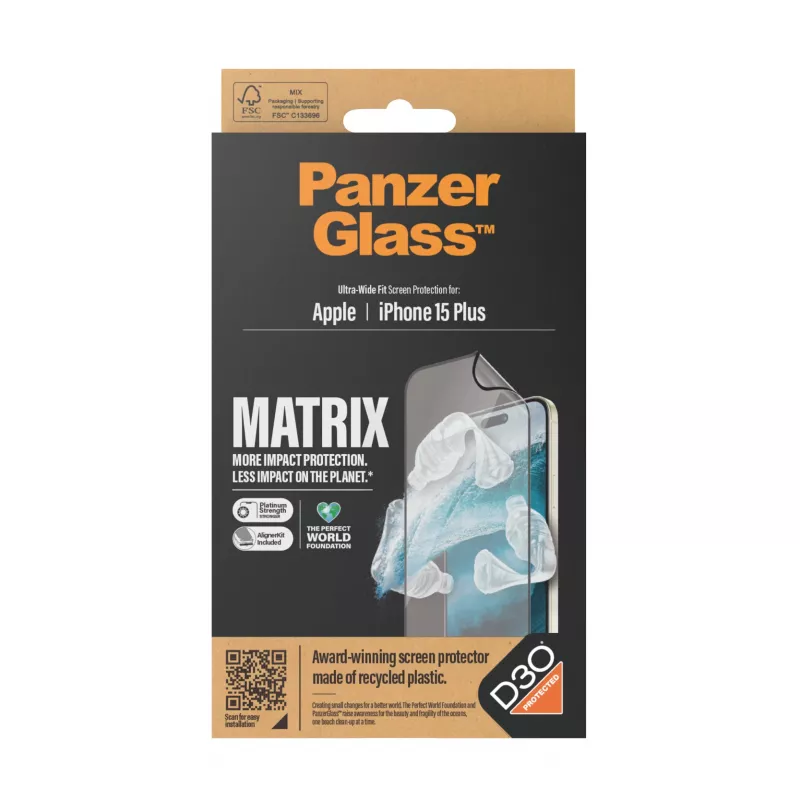 Lámina protectora de pantalla PanzerGlass ® ECO MATRIX con D3O® iPhone 15 Plus | Ultra-Wide Fit con AlignerKit