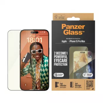Protector de pantalla PanzerGlass ® EyeCARE™ iPhone 15 Pro Max | Ultra-Wide Fit con EasyAligner