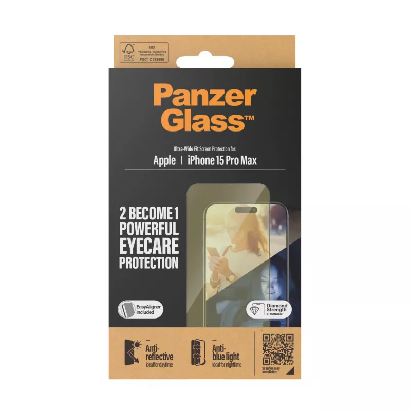 Protector de pantalla PanzerGlass ® EyeCARE™ iPhone 15 Pro Max | Ultra-Wide Fit con EasyAligner