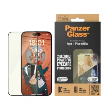 Cristal protector de pantalla PanzerGlass Eyecare para iPhone 15 Plus — Ultra-Wide Fit, resistente a golpes, instalación en seco