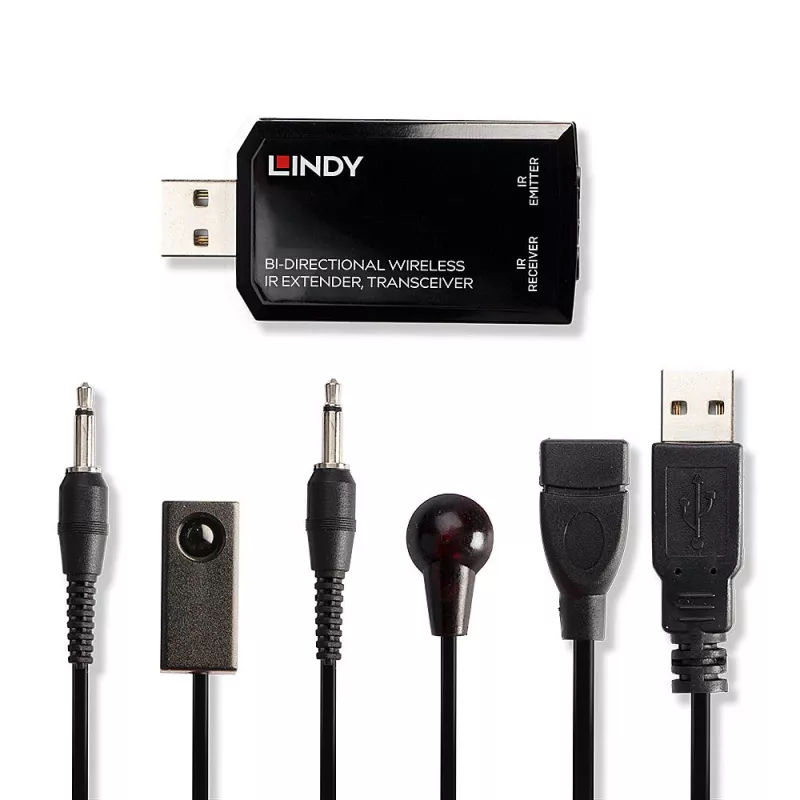 Lindy extensor IR inalámbrico bidireccional, transceptor, transmisor y receptor AV, 150 m, con cable, negro