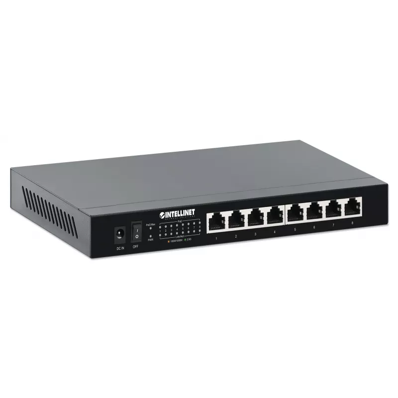 Intellinet switch 8 puertos 2.5G Ethernet PoE+ ocho puertos PSE PoE+ 10/100/1000/2500 Mbps, presupuesto de potencia PoE 100 W, no gestionado, formato de escritorio, opción de montaje en pared