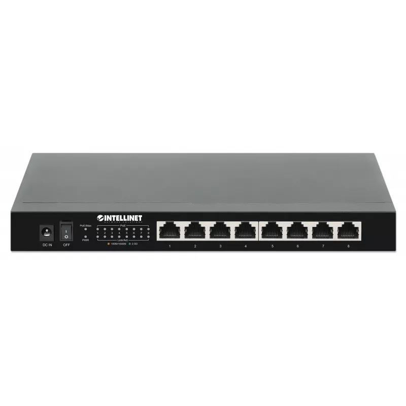 Intellinet switch 8 puertos 2.5G Ethernet PoE+ ocho puertos PSE PoE+ 10/100/1000/2500 Mbps, presupuesto de potencia PoE 100 W, no gestionado, formato de escritorio, opción de montaje en pared