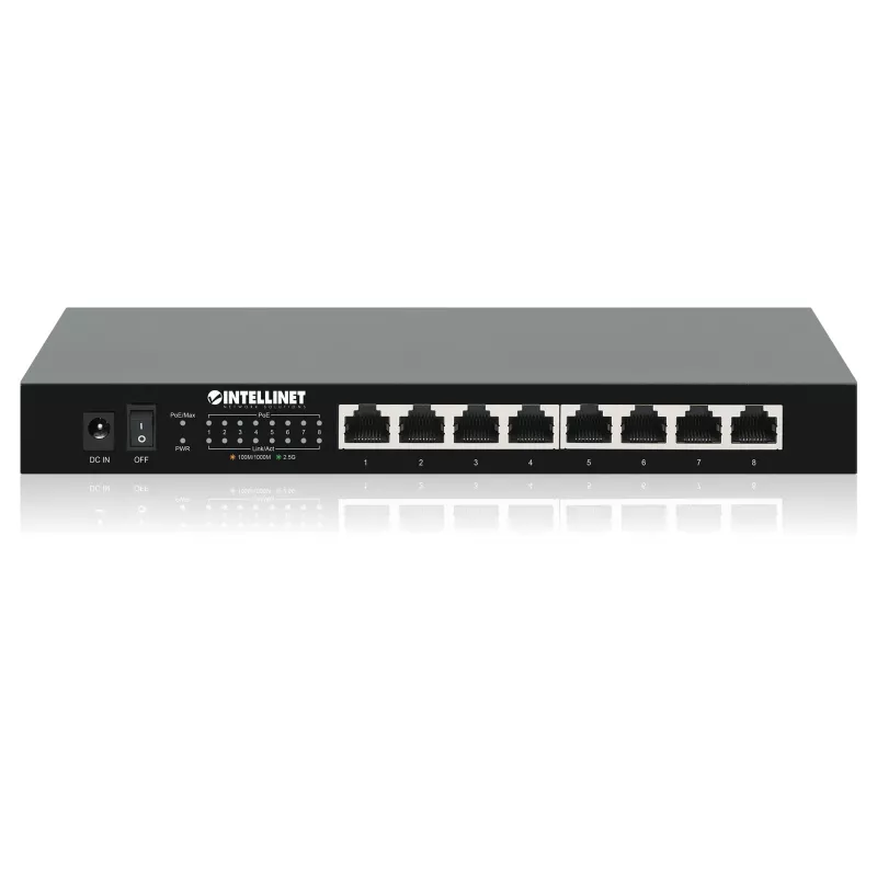 Intellinet switch 8 puertos 2.5G Ethernet PoE+ ocho puertos PSE PoE+ 10/100/1000/2500 Mbps, presupuesto de potencia PoE 100 W, no gestionado, formato de escritorio, opción de montaje en pared