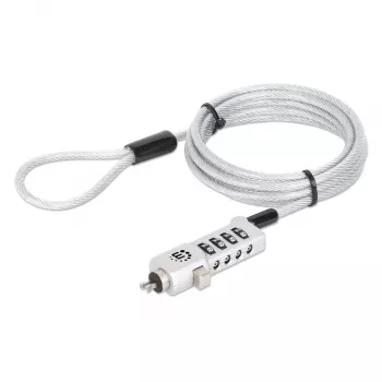 Manhattan candado combinación universal para portátil para Noble Wedge®, Nano y K-Slot, candado antirrobo 3 en 1 para portátil, combinación de 4 dígitos reajustable, 1,8 m, cable de acero al carbono resistente a cortes, funda de PVC translúcido, plata