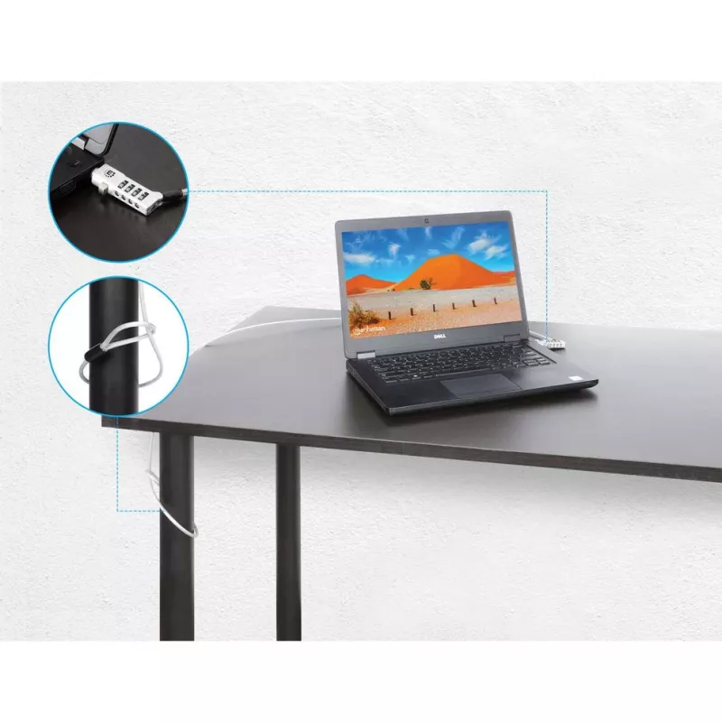 Manhattan candado combinación universal para portátil para Noble Wedge®, Nano y K-Slot, candado antirrobo 3 en 1 para portátil, combinación de 4 dígitos reajustable, 1,8 m, cable de acero al carbono resistente a cortes, funda de PVC translúcido, plata