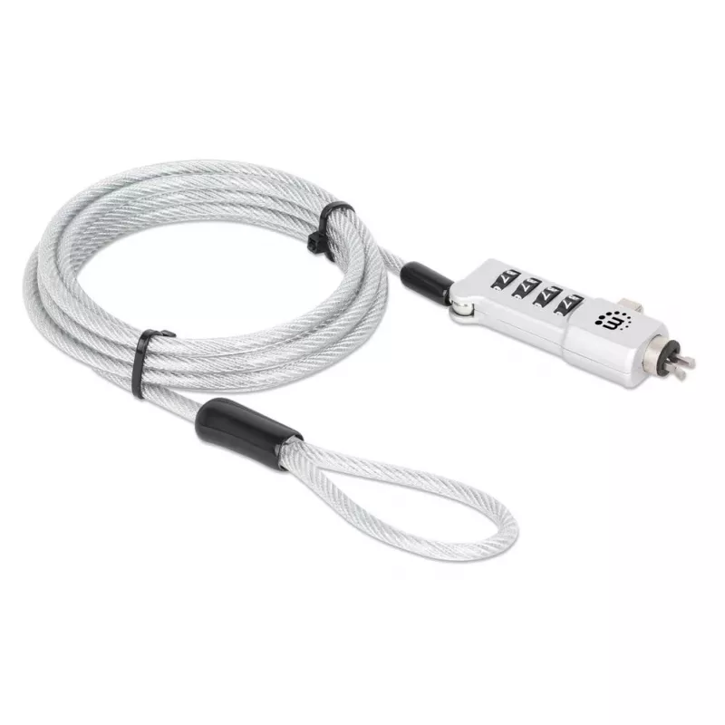 Manhattan candado combinación universal para portátil para Noble Wedge®, Nano y K-Slot, candado antirrobo 3 en 1 para portátil, combinación de 4 dígitos reajustable, 1,8 m, cable de acero al carbono resistente a cortes, funda de PVC translúcido, plata