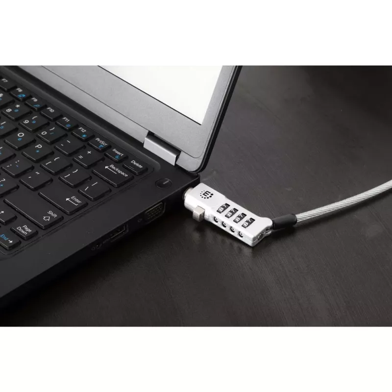 Manhattan candado combinación universal para portátil para Noble Wedge®, Nano y K-Slot, candado antirrobo 3 en 1 para portátil, combinación de 4 dígitos reajustable, 1,8 m, cable de acero al carbono resistente a cortes, funda de PVC translúcido, plata