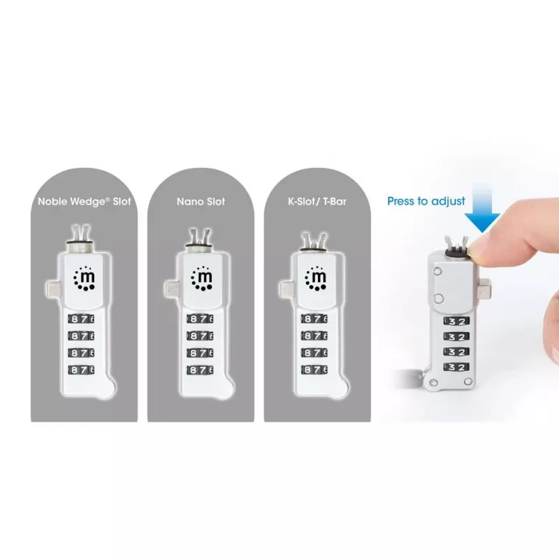 Manhattan candado combinación universal para portátil para Noble Wedge®, Nano y K-Slot, candado antirrobo 3 en 1 para portátil, combinación de 4 dígitos reajustable, 1,8 m, cable de acero al carbono resistente a cortes, funda de PVC translúcido, plata