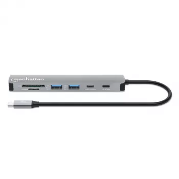 Manhattan dock/hub USB-C con lector de tarjetas, conexiones (x5): HDMI, USB-A (x2) y USB-C (x2), con Power Delivery (PD) 100W – requiere cargador USB-C externo (no incluido). Alimentado por USB (no requiere fuente de alimentación externa) cuando no se utiliza PD