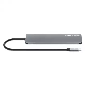 Manhattan dock/hub USB-C con lector de tarjetas, conexiones (x5): HDMI, USB-A (x2) y USB-C (x2), con Power Delivery (PD) 100W – requiere cargador USB-C externo (no incluido). Alimentado por USB (no requiere fuente de alimentación externa) cuando no se utiliza PD