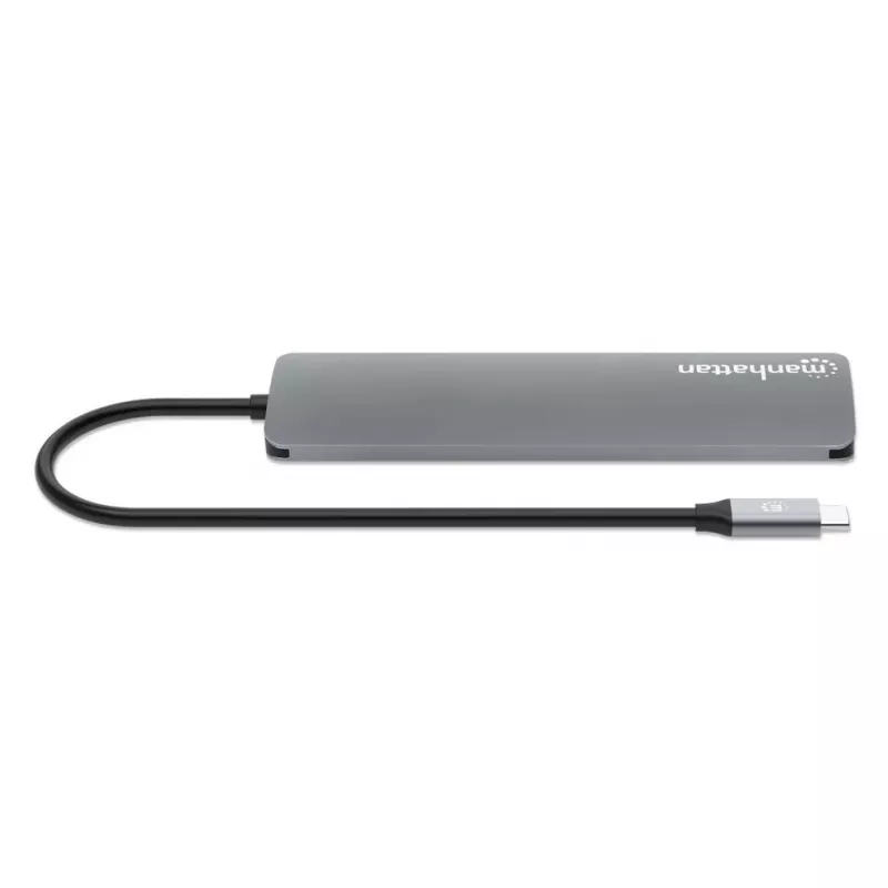 Manhattan dock/hub USB-C con lector de tarjetas, conexiones (x5): HDMI, USB-A (x2) y USB-C (x2), con Power Delivery (PD) 100W – requiere cargador USB-C externo (no incluido). Alimentado por USB (no requiere fuente de alimentación externa) cuando no se utiliza PD