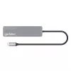 Manhattan dock/hub USB-C con lector de tarjetas, conexiones (x5): HDMI, USB-A (x2) y USB-C (x2), con Power Delivery (PD) 100W – requiere cargador USB-C externo (no incluido). Alimentado por USB (no requiere fuente de alimentación externa) cuando no se utiliza PD