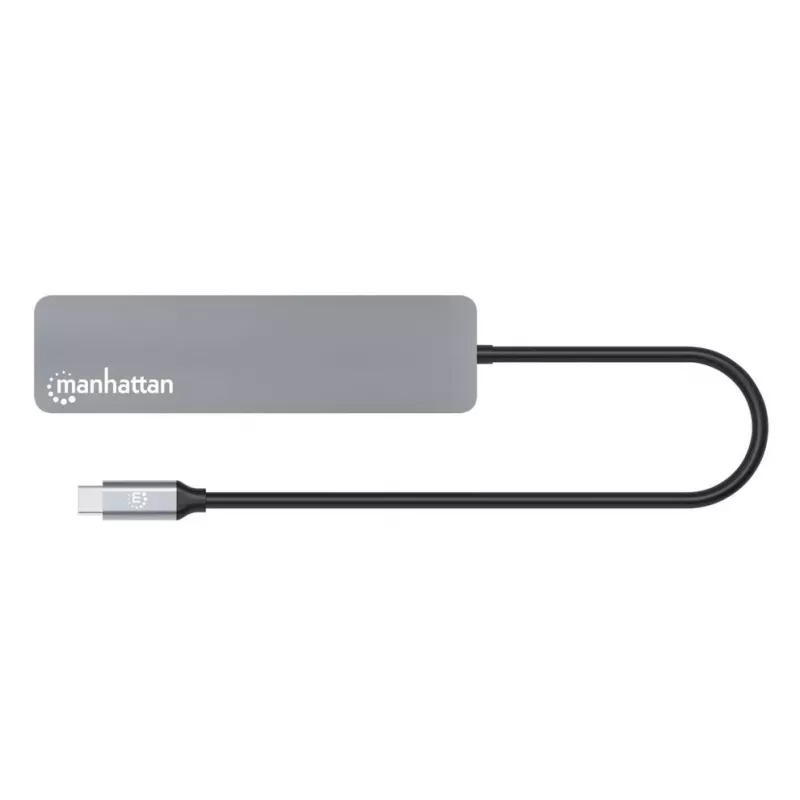 Manhattan dock/hub USB-C con lector de tarjetas, conexiones (x5): HDMI, USB-A (x2) y USB-C (x2), con Power Delivery (PD) 100W – requiere cargador USB-C externo (no incluido). Alimentado por USB (no requiere fuente de alimentación externa) cuando no se utiliza PD