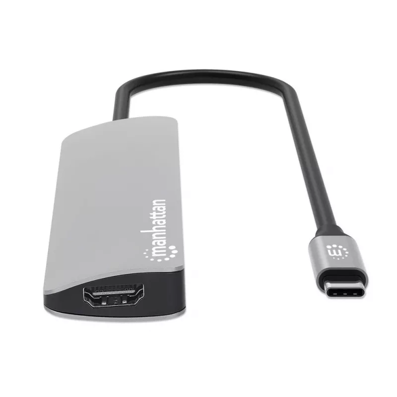 Manhattan dock/hub USB-C con lector de tarjetas, conexiones (x5): HDMI, USB-A (x2) y USB-C (x2), con Power Delivery (PD) 100W – requiere cargador USB-C externo (no incluido). Alimentado por USB (no requiere fuente de alimentación externa) cuando no se utiliza PD