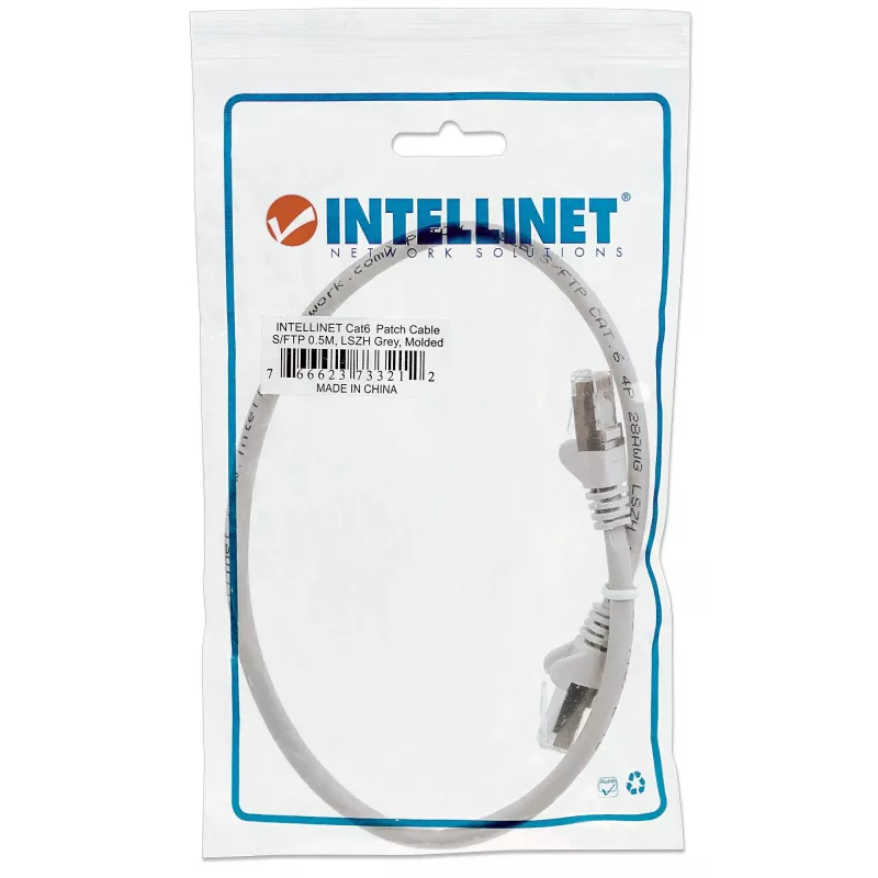 Cable de red Intellinet, Cat6, 0,5 m, gris, cobre, S/FTP, LSOH/LSZH, PVC, RJ45, contactos dorados, funda antiacodaduras, manguito moldeado antiacodaduras y antitracción, garantía de por vida