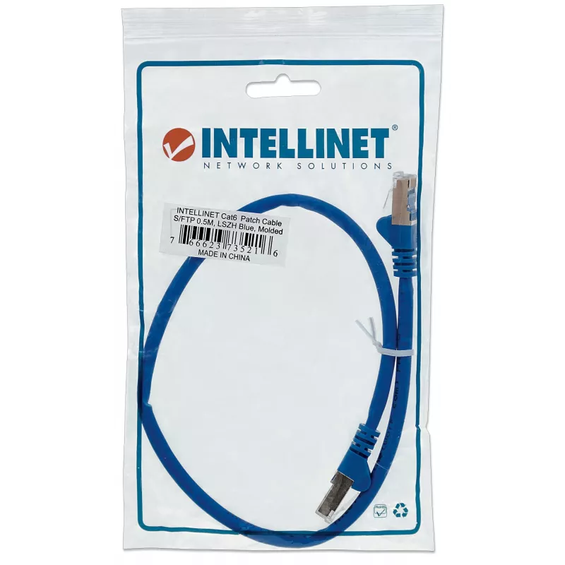 Cable de red patch Intellinet, Cat6, 0,5 m, azul, cobre, S/FTP, LSOH / LSZH, PVC, RJ45, contactos bañados en oro, snagless, con protección antirrotura, garantía de por vida