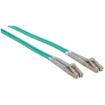 Cable de fibra óptica patch Intellinet, OM3, LC/LC, 1 m, aqua, dúplex, multimodo, 50/125 µm, LSZH, fibra, garantía de por vida