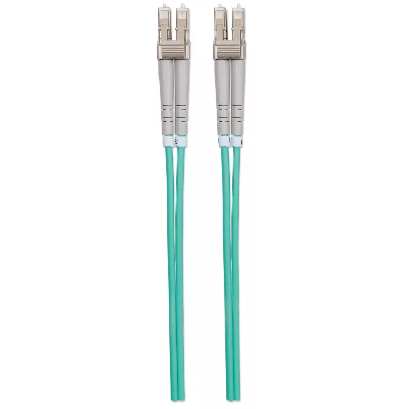 Cable de fibra óptica patch Intellinet, OM3, LC/LC, 1 m, aqua, dúplex, multimodo, 50/125 µm, LSZH, fibra, garantía de por vida