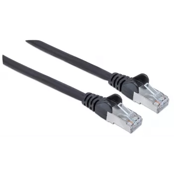 Cable de red patch Intellinet, Cat6A, 3 m, negro, cobre, S/FTP, LSOH / LSZH, PVC, RJ45, contactos bañados en oro, protección antirrotura, alivio de tracción, garantía de por vida
