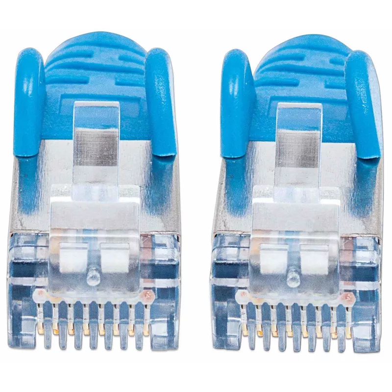 Cable de red patch Intellinet, cable Cat7/conector Cat6A, 0,25 m, azul, cobre, S/FTP, LSOH / LSZH, PVC, RJ45, contactos bañados en oro, snagless, con funda, garantía de por vida