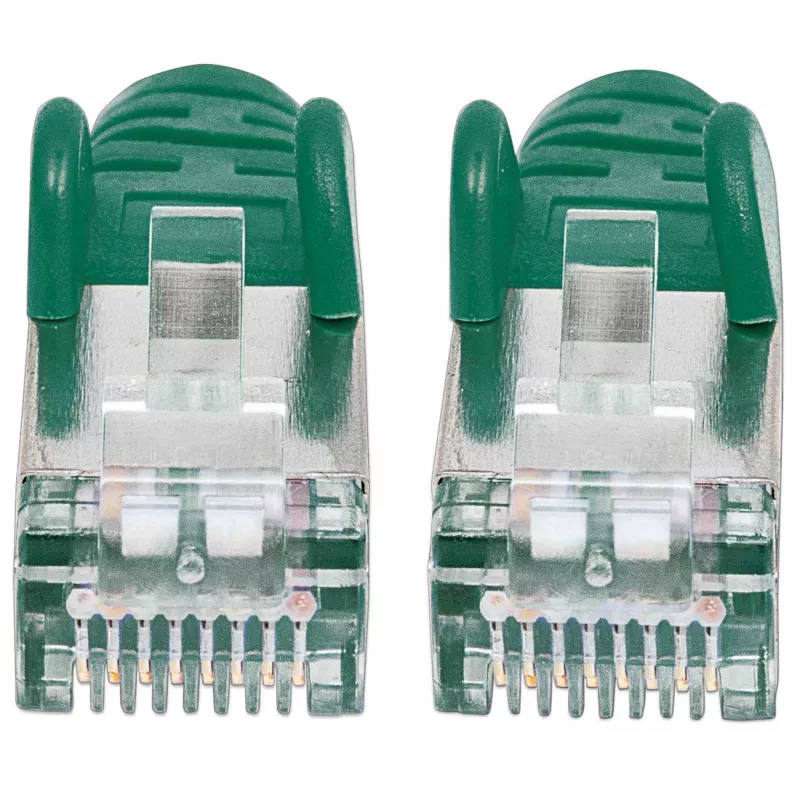 Cable de red patch Intellinet, cable Cat7/conector Cat6A, 3 m, verde, cobre, S/FTP, LSOH/LSZH, PVC, RJ45, contactos con baño de oro, sin lengüeta, con protección antirrotura, garantía de por vida