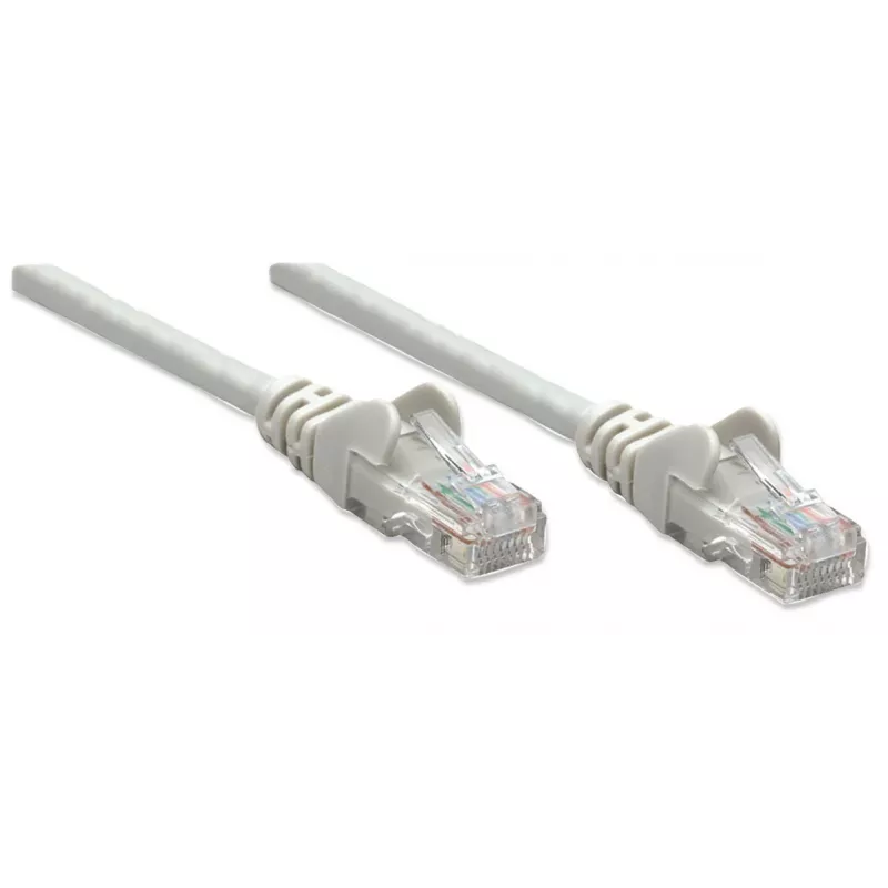Cable de red patch Intellinet, Cat5e, 0,5 m, gris, CCA, U/UTP, PVC, RJ45, contactos bañados en oro, sin lengüeta, protección antirrotura, garantía de por vida
